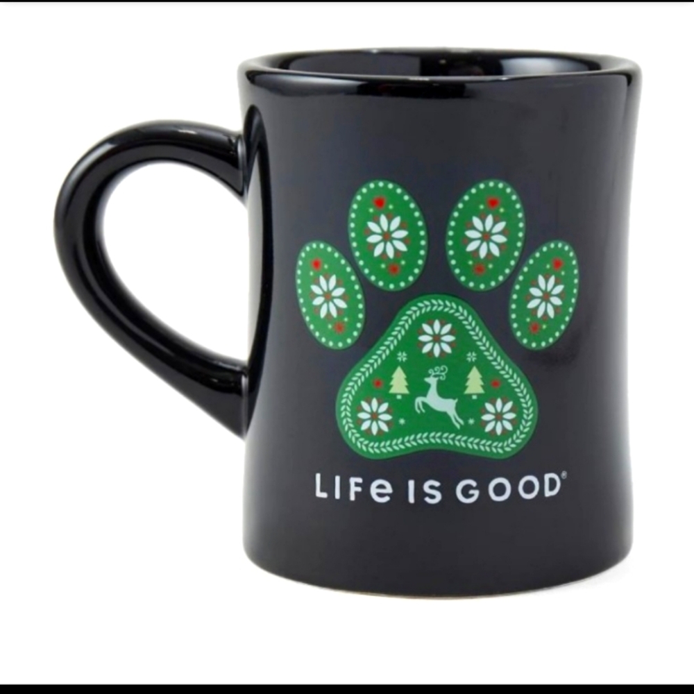 Life Is Good Holiday Paws Stoneware Diner Mug - Blk/Grn 15 oz. BNWT RETIRED